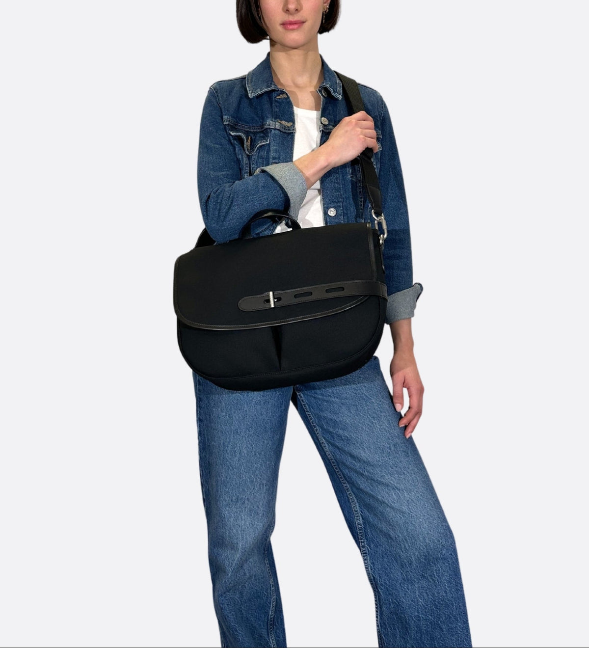 Besace double twill L, noir, fabriquée en France