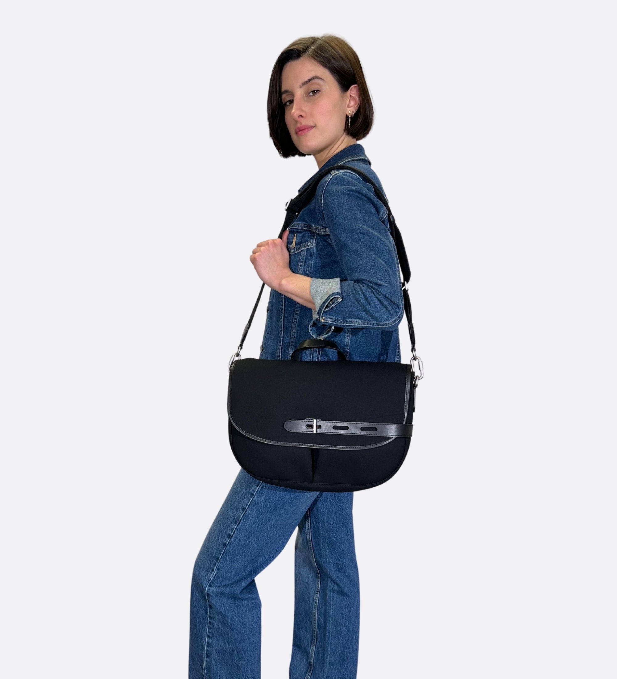 Besace double twill L, noir, fabriquée en France