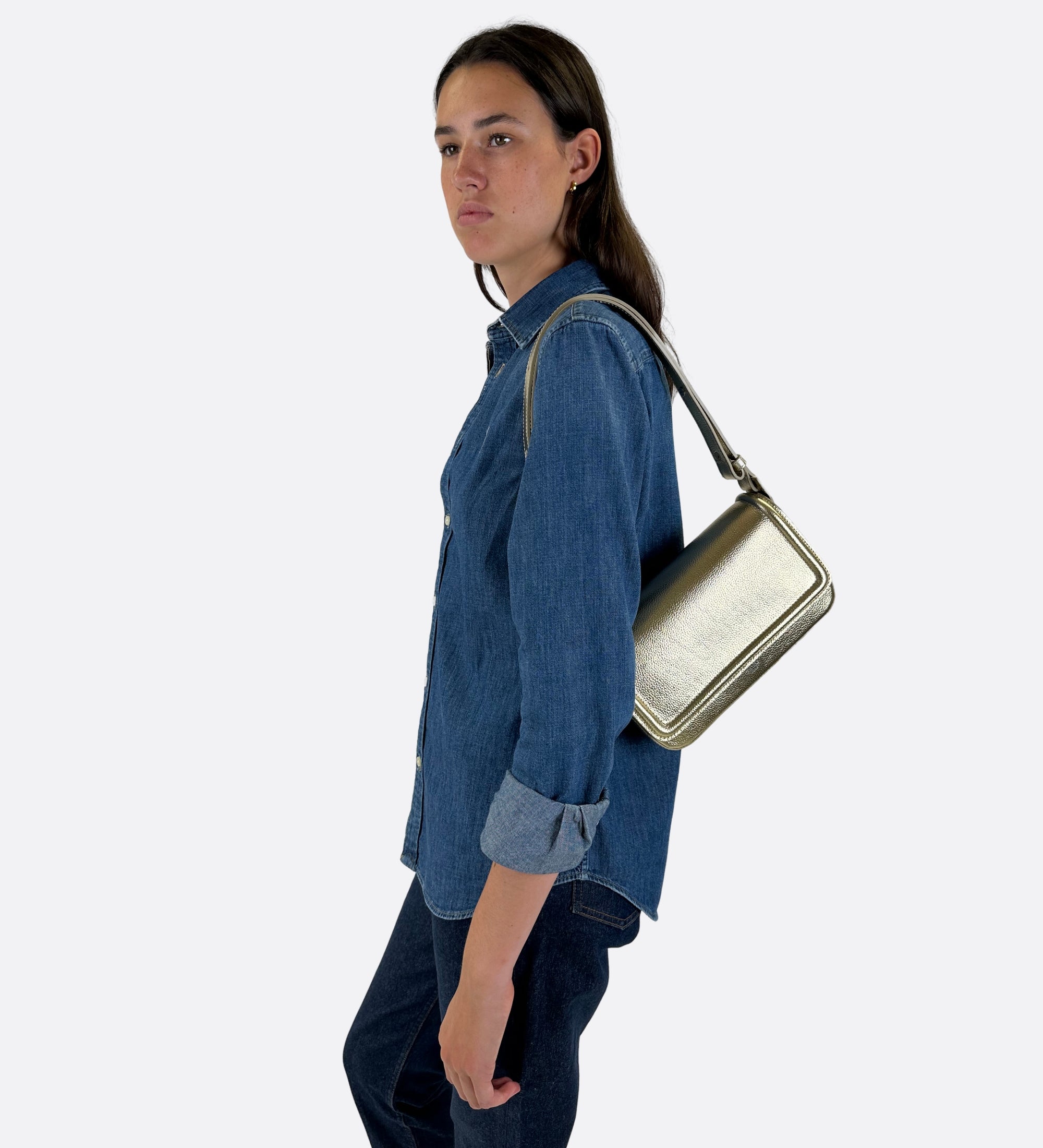 Sac Nine baguette en cuir grainé coloris champagne THYRS