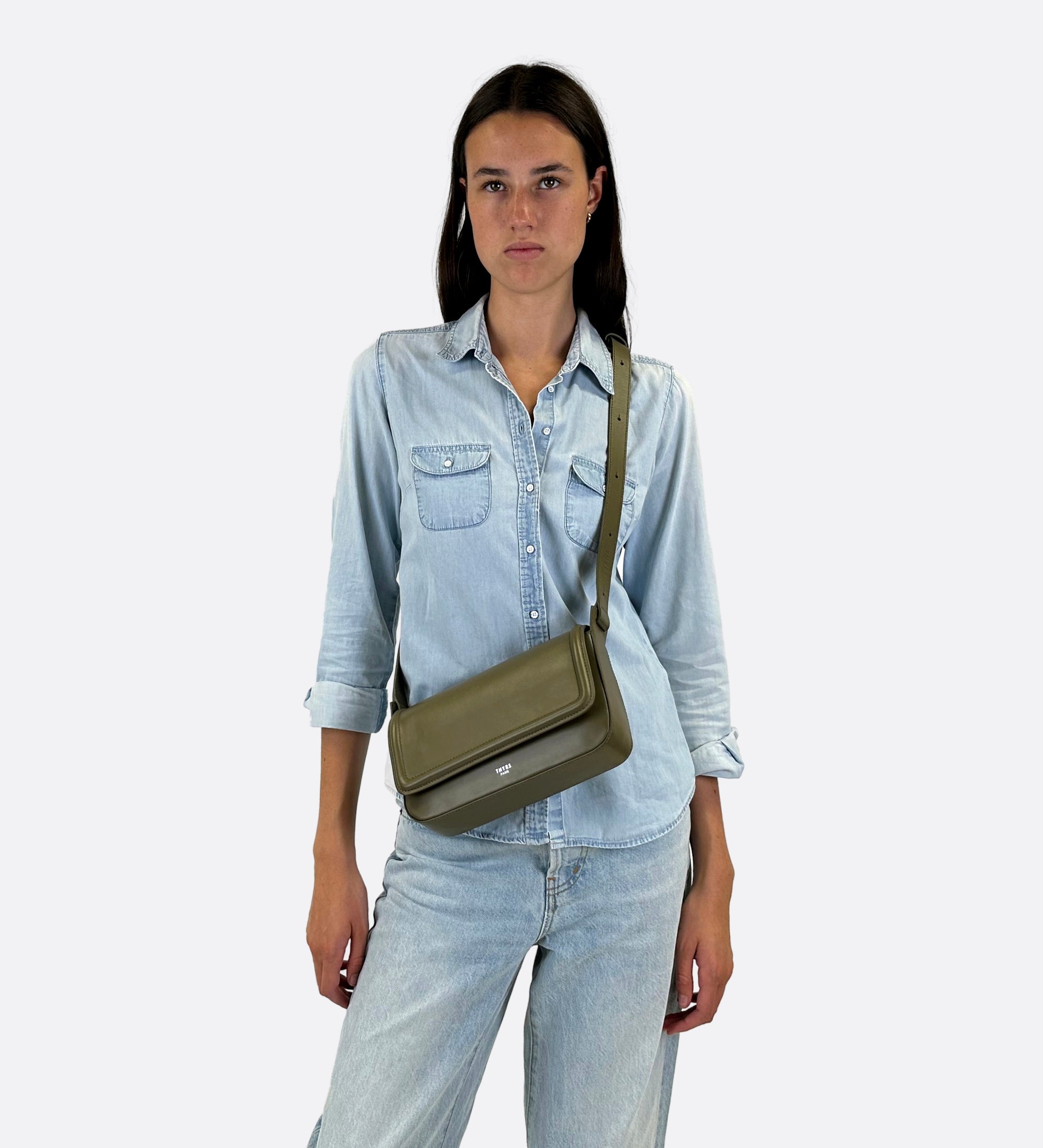 Sac Nine baguette cuir lisse vert olive, THYRS